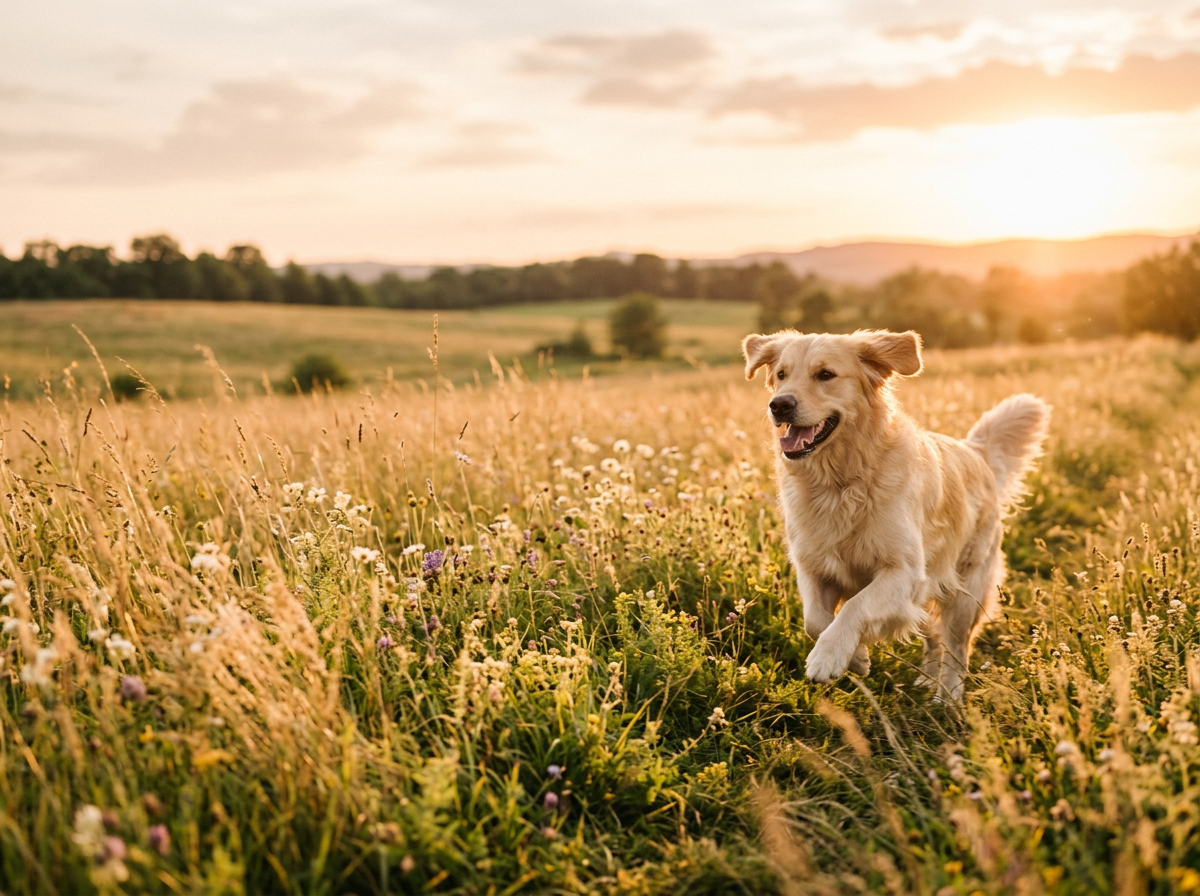 Golden retriever running through a sunny meadow